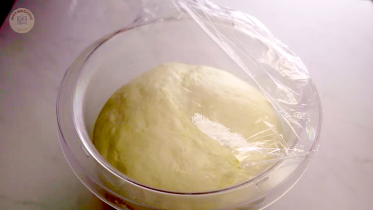 bubbly pizza dough in a rising bowl